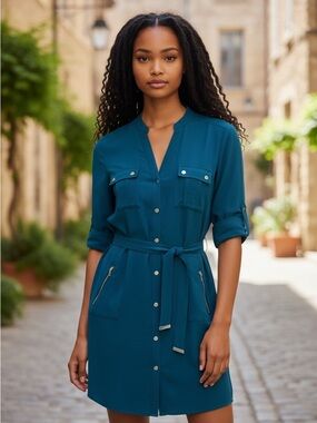 Zac & Rachel Deep Teal Utility Shirt Dress with Belt size 6